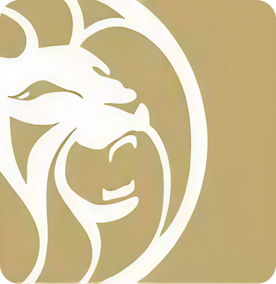 A white stylized lion's head with a flowing mane is depicted on a light brown square background.